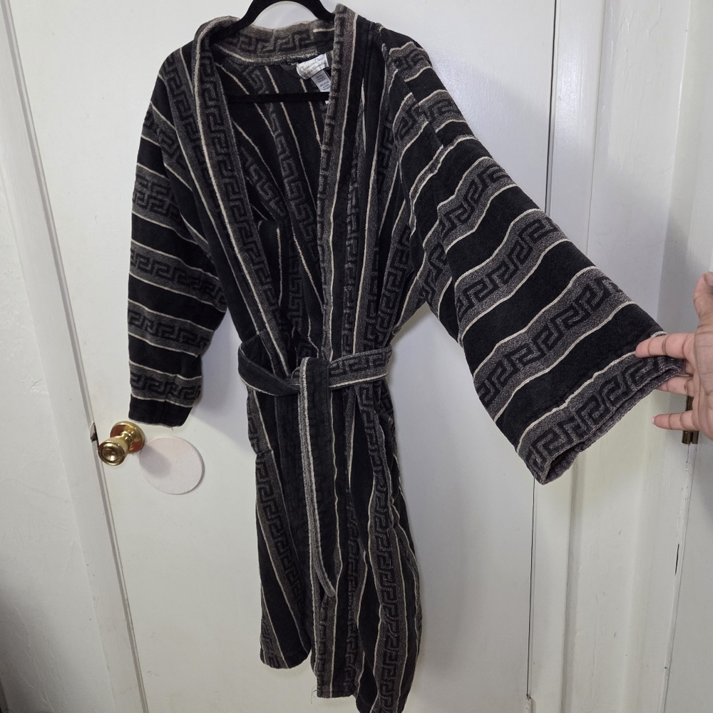 Christian Dior Robe de‎ Chambre Black Geometric Cotton Terry Bathrobe One Size